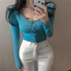 Padded-shoulder Button-down Crop T-shirt