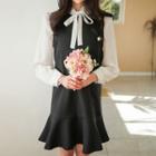 Tie-neck Bishop-sleeve Crepe Blouse