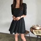 Square-neck Tie-waist Dotted Dress Black - One Size