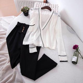 Set: Contrast Trim Light Cardigan + Front-knot Straight-cut Pants