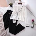 Set: Contrast Trim Light Cardigan + Front-knot Straight-cut Pants