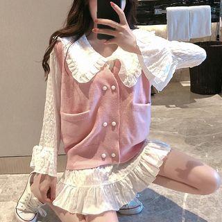 Set: Flared-sleeve Blouse + Knit Vest