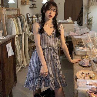 Spaghetti Strap Houndstooth Mini A-line Dress Black & White - One Size