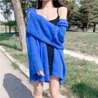 Long-sleeve Mohair Open-front Long Cardigan Blue - One Size