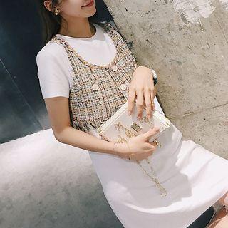 Set: Plain Short Sleeve T-shirt Dress + Tweed Tank Top