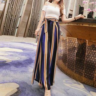 Set: Off-shoulder Crop T-shirt + Striped Wide-leg Pants