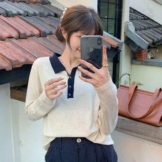 Color-block Long-sleeve Knit Top - 3 Colors