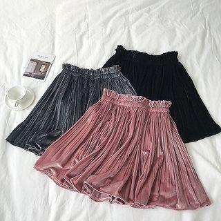 Plain High-waist Velvet Pleated Skirt