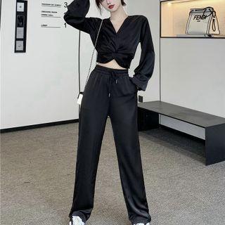 Set: Long-sleeve Twisted Crop Top + Wide-leg Pants