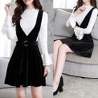 Set: Frilled Long-sleeve Top + Suspender A-line Dress