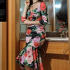 Flower Print Ruffle Hem Long-sleeve Midi Sheath Dress