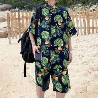 Set: Elbow-sleeve Leaf Print Shirt + Wide Leg Shorts