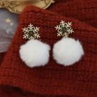 Snowflake Pom Pom Drop Earring 1 Pair - Silver Needle Earring - Gold Snowflake - White - One Size