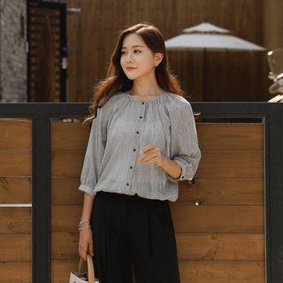 Raglan-sleeve Drawstring-hem Checked Blouse