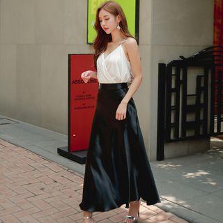 Set: Chain Strap Chiffon Top + A-line Midi Skirt
