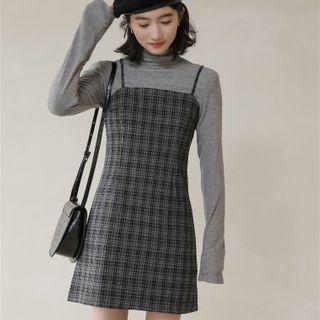 Plaid Strappy A-line Dress / Turtleneck Long-sleeve T-shirt