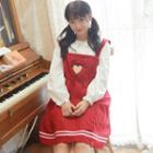Ruffle Trim Blouse / Heart Embroidered Pinafore Dress