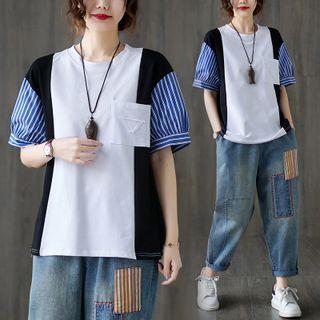 Short-sleeve Paneled T-shirt Blue & White & Black - One Size