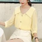 Elbow-sleeve Wide-collar Buttoned Chiffon Blouse