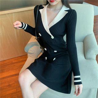 Lapel V-neck Knit Long-sleeve Dress