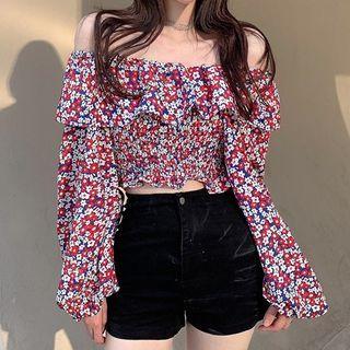 Off-shoulder Floral Blouse Red & Blue & White - One Size