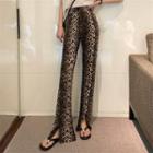 Leopard Print Slit Wide-leg Pants Black & White - Leopard Print - One Size