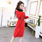 Mock Two-piece Cold Shoulder Midi Sweater Dress Red - One Size