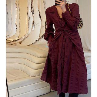Long-sleeve Ruched Collared Midi A-line Dress