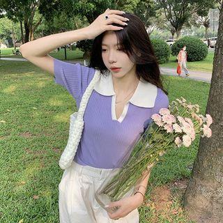 Polo-neck Two-tone Knit Top Purple - One Size