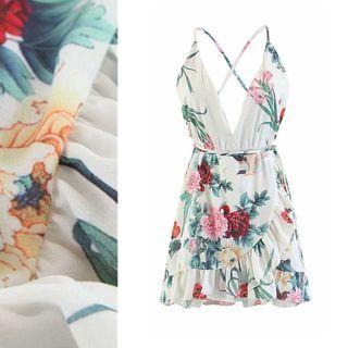 Cross Back V Neck Floral Print Mini Dress