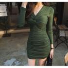 Knotted Front Long Sleeve Ruched Sheath Minidress
