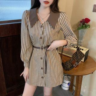 Long-sleeve Checked A-line Mini Shirtdress With Belt - As Shown In Figure - One Size