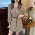 Long-sleeve Checked A-line Mini Shirtdress With Belt - As Shown In Figure - One Size