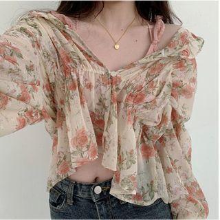 Floral Print Long-sleeve Chiffon Blouse Floral - Beige - One Size