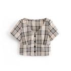 Buttoned Plaid Short-sleeve Cropped Blouse
