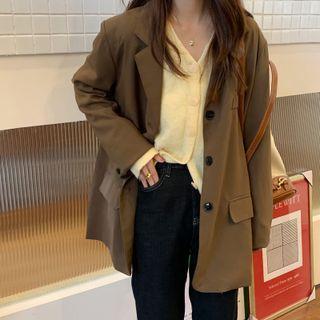 Plain Loose-fit Blazer Dark Brown - One Size
