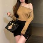 Cold-shoulder Rhinestone Mohair Knit Top Camel - One Size