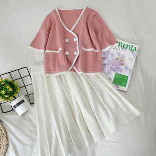 Set: Contrast Trim Short-sleeve Cardigan + Knit A-line Skirt