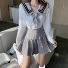 Sailor Collar Shirt / Pleated Skirt / Bow / Set