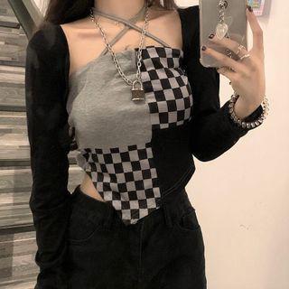 Irregular Check Camisole Top Black & Gray - One Size