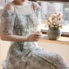 Short-sleeve Cold-shoulder Floral Midi A-line Dress