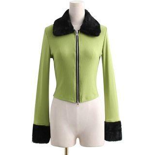 Fluffy Trim Zip Cardigan