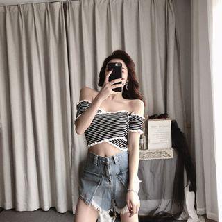 Striped Off-shoulder Cropped Knit Top Black - One Size