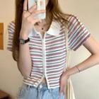 Striped Short-sleeve Zip Knit Top