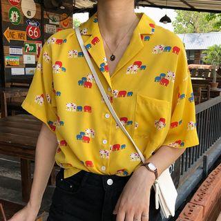 Print Chiffon Loose-fit Blouse Yellow - One Size