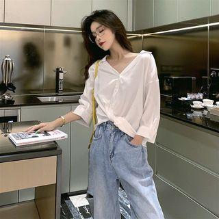 Plain Long-sleeve Loose-fit Cropped Shirt