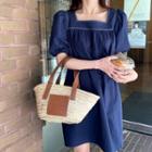 Stitch Square-neck Short-sleeve Dress Dark Blue - One Size