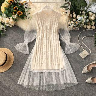 Set: Long-sleeve Mesh A-line Midi Dress + Cable Knit Vest