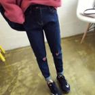Heart Embroidered Slim Fit Jeans