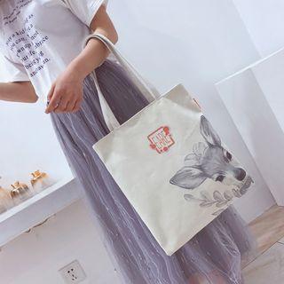 Deer Print Canvas Shopper Bag Beige - One Size